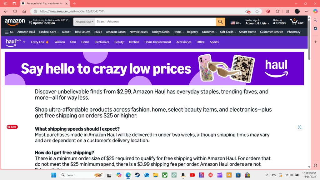 The About Page for Amazon Haul.