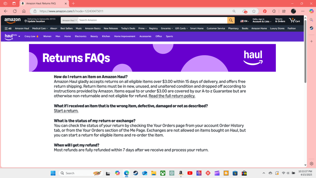 Amazon Haul Return Policy Page