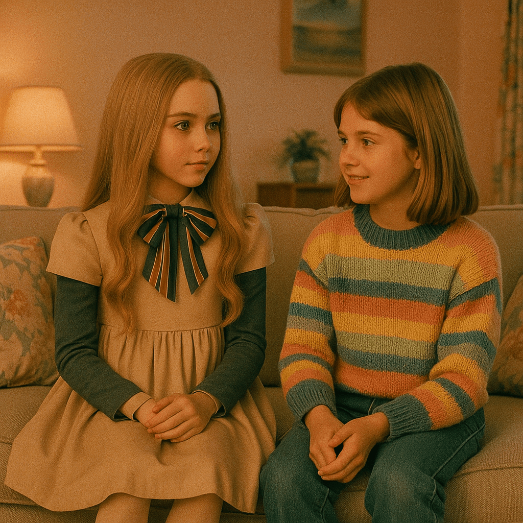 M3GAN in the 1980s with girl in colorful striped T-shirt.