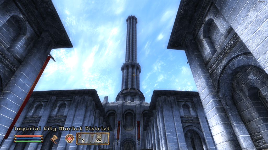 Screenshot of the Imperial City Market District in Elder Scrolls IV: Oblivion, featuring tall stone structures and a cloudy sky.