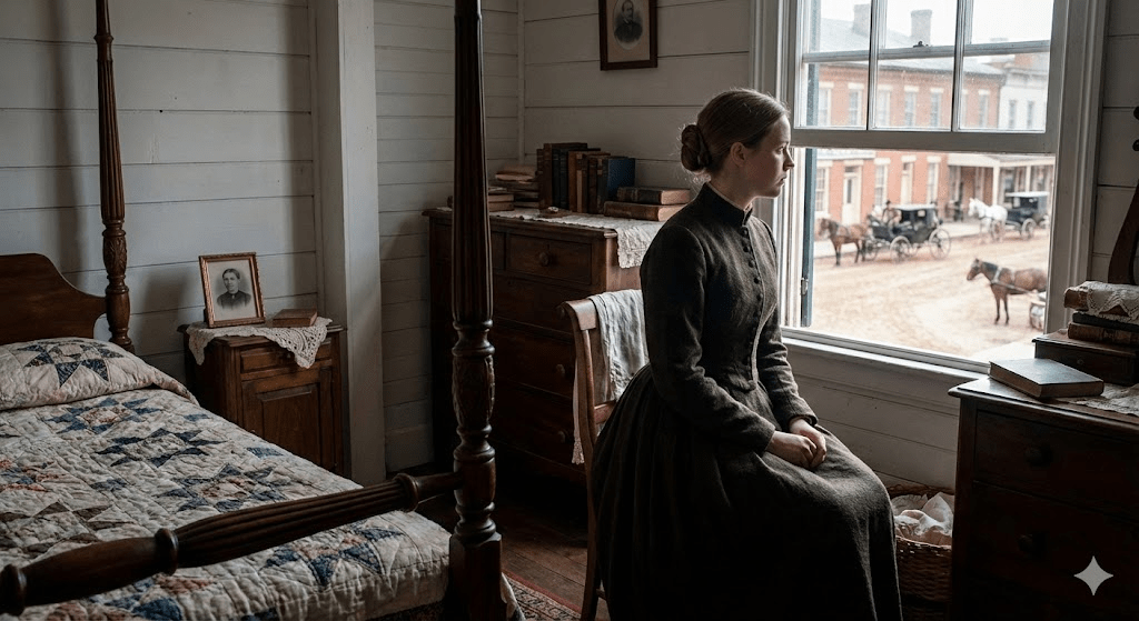 Google Gemini creates a Photorealistic image of a young Middle-Class woman in Martinsburg, Virginia in her room in 1870 era.